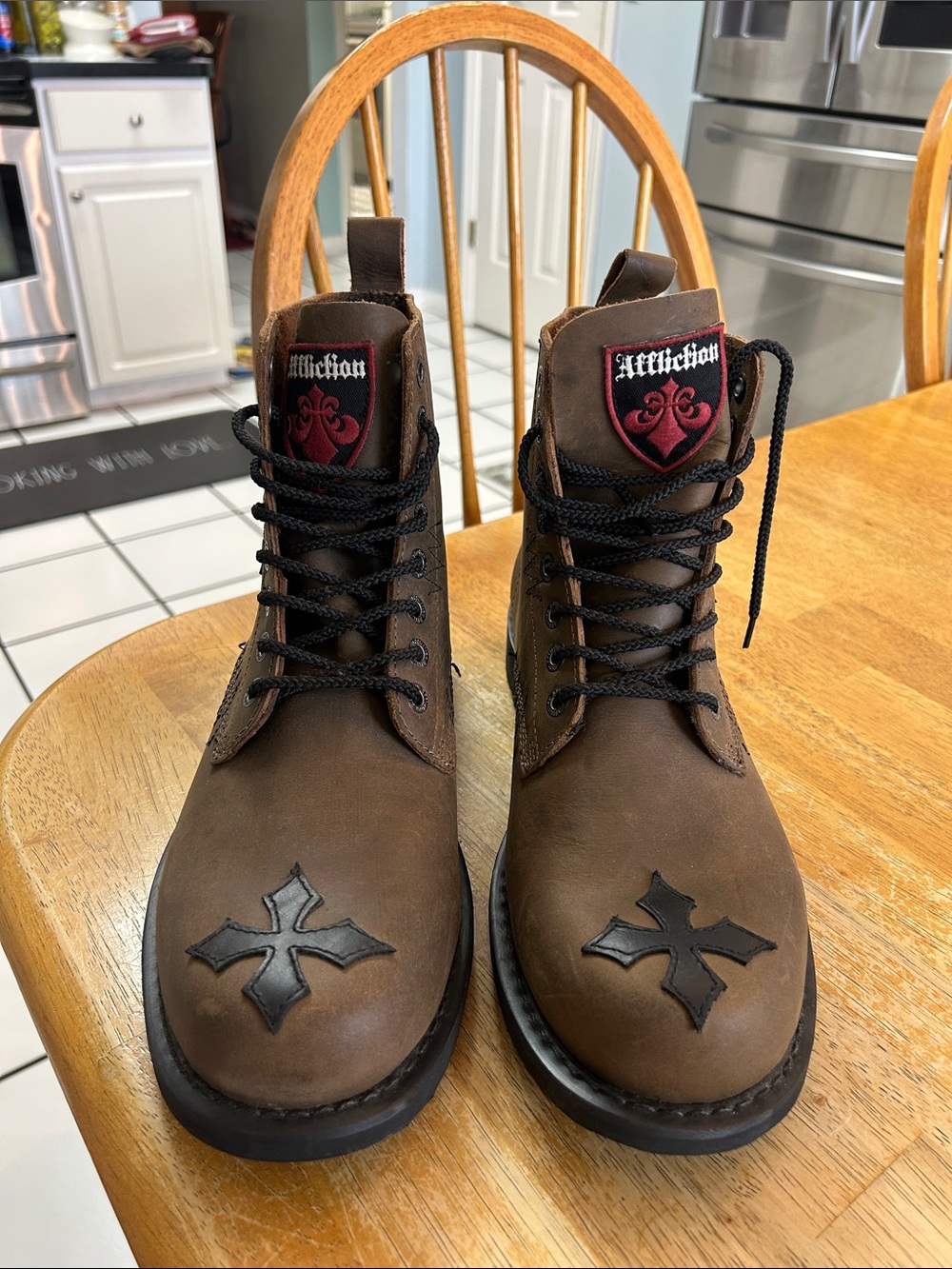 Affliction Brown Leather Lace-Up Moto Boots with Black Cross Accents - Picture 6 of 6